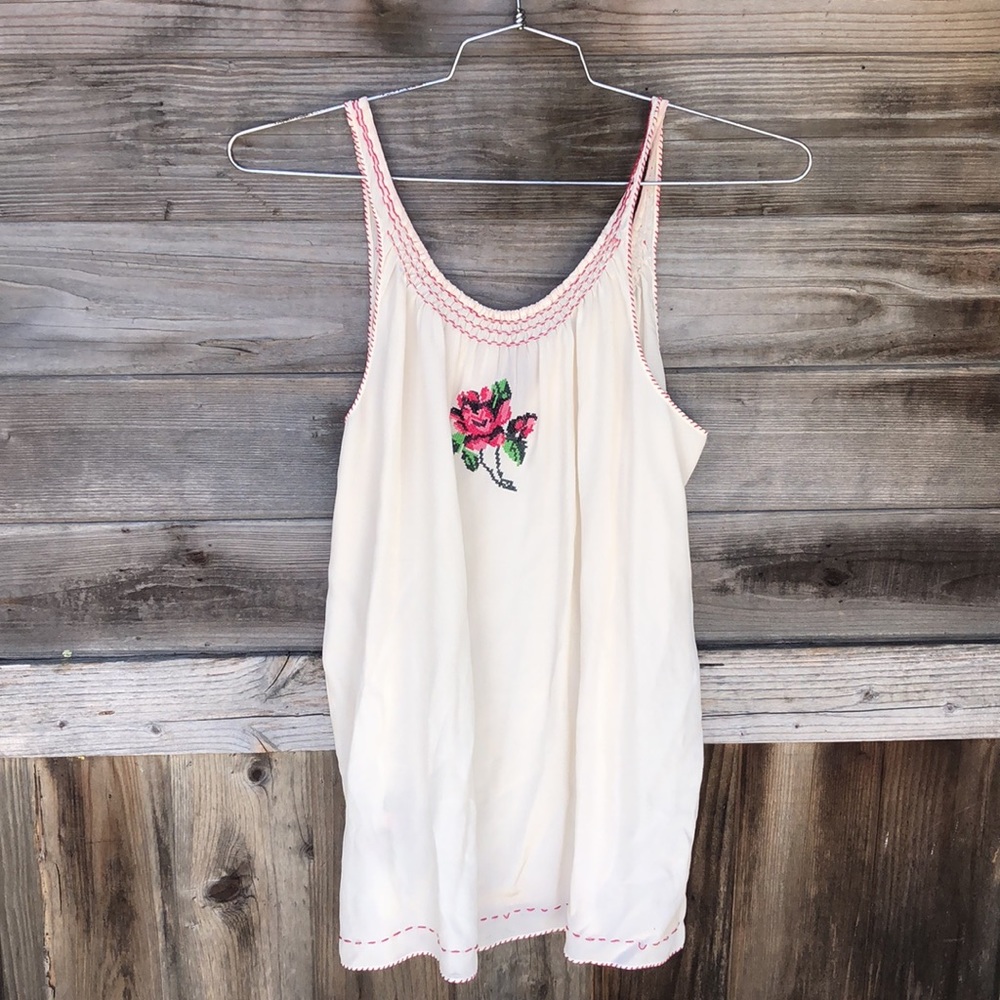 NWT Joie Silk Tank Blouse with Cross-stitch Roses Sz. M
